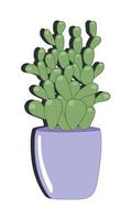 Vector doodle illustration. Green cactus in purple pot isolated on white background. Cartoon flat style. For decoration, stickers.