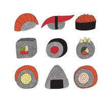 Hand drawn vector sushi and sashimi set. Different kinds of sushia and rolls with fish set. Asian food, Japanese and Chinese traditional food