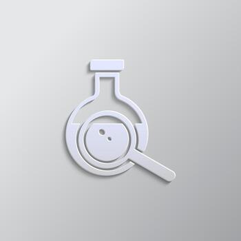 Flask, icon, magnifier paper style. Grey color vector background- Paper style vector icon