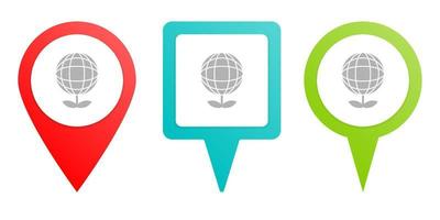 Ecology. Multicolor pin vector icon, diferent type map and navigation point. on white background