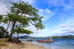 paisaje de isla tropical con tre y barcos en la costa, palawan, filipinas foto