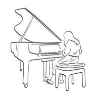 mujer tocando piano de cola ilustración vectorial dibujada a mano aislada en el arte de línea de fondo blanco. vector