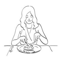 la mitad de la longitud de la mujer comiendo comida con tenedor y cuchillo ilustración vectorial dibujada a mano aislada en el arte de línea de fondo blanco. vector
