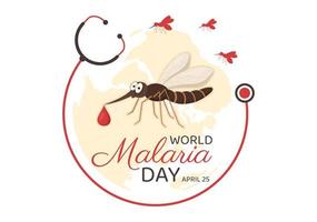ilustración del día mundial de la malaria el 25 de abril con la tierra protegida de los mosquitos en dibujos animados planos dibujados a mano para banner web o plantillas de página de destino vector