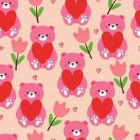 seamless pattern cartoon bear, heart and flower. cute animal wallpaper illustration for gift wrap paper vector