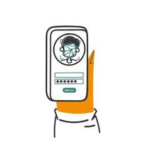 hand drawn doodle mobile smart phone with face recognition app illustration vector