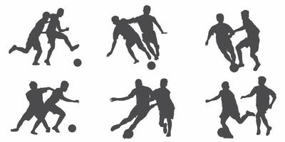 siluetas vectoriales futbolistas, grupo de futbolistas. establecer ilustración. peleando por la pelota. equipo de deporte vector