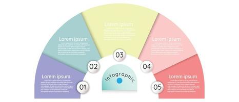 Infographic sectioned template for business information presentation. Vector half circles and geometric elements. Modern workflow diagrams. Report plan 5 topics