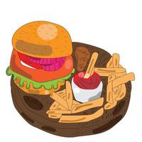 hamburguesa ilustración vectorial dibujada a mano. estilo de dibujos animados aislado sobre fondo blanco. este vector también se puede utilizar como logotipo de producto o marca. diseño para pancarta, afiche, tarjeta, impresión, menú