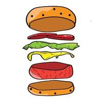 hamburguesa ilustración vectorial dibujada a mano. estilo de dibujos animados aislado sobre fondo blanco. este vector también se puede utilizar como logotipo de producto o marca. diseño para pancarta, afiche, tarjeta, impresión, menú