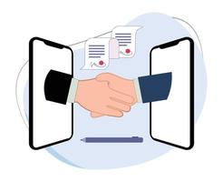 illustration mobile online business deal concept. hand shake on smartphone vector