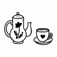 Teapot and cup. Vector doodle illustration. Icon. Tea party.