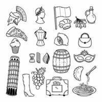 Italy. Vector doodle illustration. Set of black and white icons. Travel and sightseeing. Europe.
