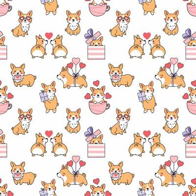 Cute corgi. Seamless pattern. Printing on fabric and wrapping paper. Wallpaper for nursery. Valentine's day.