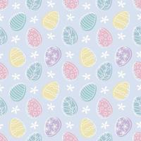 huevos de pascua de patrones sin fisuras con huevos de colores y flores blancas sobre fondo morado claro. ilustración de diseño de vector de estilo de fideos.