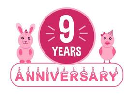 9th birthday. Nine years anniversary celebration banner with pink animals theme for kids. vector