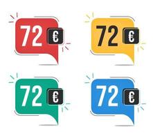 72 euro price. Yellow, red, blue and green currency tags with speech  balloon concept. vector