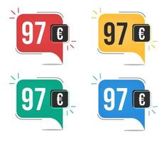 97 euro price. Yellow, red, blue and green currency tags with speech  balloon concept. vector