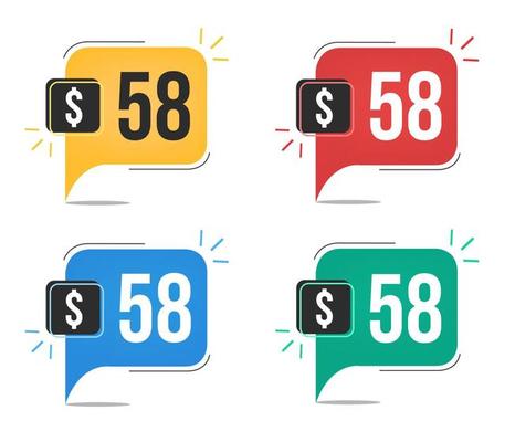 58 dollar price. Yellow, red, blue and green currency tags with speech balloon concept vector.