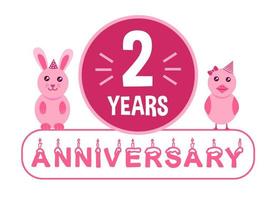 2nd birthday. Two years anniversary celebration banner with pink animals theme for kids. vector