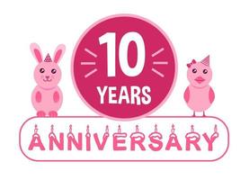 10th birthday. Ten years anniversary celebration banner with pink animals theme for kids. vector