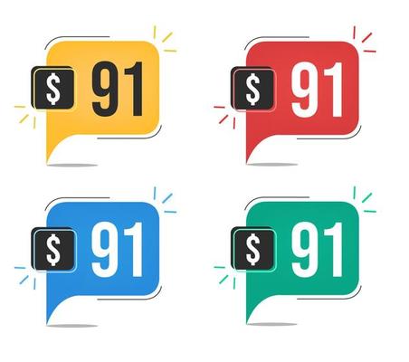 91 dollar price. Yellow, red, blue and green currency tags with speech balloon concept vector.