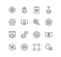 Set of robots related and robotic process automation icons, autopilot, chatbot, broken bot and linear variety vectors. vector