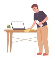 hombre limpiando la superficie de la mesa de madera con un carácter vectorial de color semiplano de tela. figura editable. persona de cuerpo completo en blanco. ilustración de estilo de dibujos animados simple para diseño gráfico web y animación vector