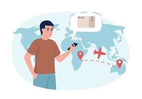 Man monitoring parcel flight with mobile phone flat concept vector illustration. Editable 2D cartoon character on white for web design. Delivery app creative idea for website, mobile, presentation