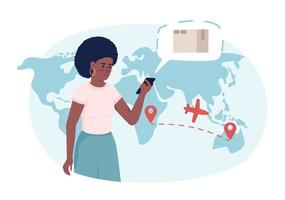 Woman tracking parcel with flight tracker flat concept vector illustration. Editable 2D cartoon character on white for web design. Trace in real time creative idea for website, mobile, presentation