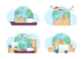 Cargo shipping modes around world flat concept vector illustration set. Editable 2D cartoon scene collection on white for web design. Delivery creative ideas for website, mobile, presentation