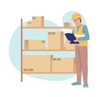 Delivery management 2D vector isolated illustration. Warehouse manager standing near shelves with boxes flat character on cartoon background. Colorful editable scene for mobile, website, presentation