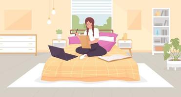 Studying at home flat color vector illustration. Online school. Happy girl doing paper assignment with laptop in bed. Fully editable 2D simple cartoon characters with bedroom on background