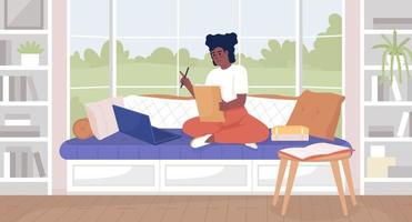 programa de educación en el hogar en línea ilustración de vector de color plano. educación a distancia. linda chica escribiendo tarea en casa en el sofá. personajes de dibujos animados simples en 2d completamente editables con sala de estar en el fondo