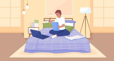 Remote education flat color vector illustration. Online public school. Happy boy doing assignment comfortably in bed. Fully editable 2D simple cartoon characters with bedroom on background