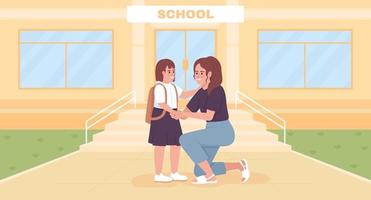 Motivating first grader flat color vector illustration. Mom with little daughter. Fully editable 2D simple cartoon characters with educational building exterior on background