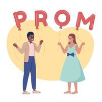 Prom date 2D vector isolated illustration. Couple inviting each other on party flat characters on cartoon background. Colorful editable scene for mobile, website, presentation