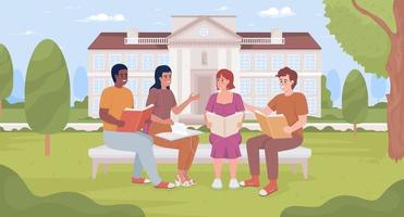 Kids studying at schoolyard flat color vector illustration. Teens discussing book. Summer learning. Home assignment. Fully editable 2D simple cartoon characters with school building on background