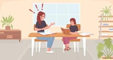 Yelling at child about poor performance flat color vector illustration. Mother nagging daughter over homework. Fully editable 2D simple cartoon characters with living room interior on background
