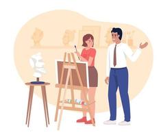 Painting classes 2D vector isolated illustration. Male teacher instructing female student about art flat characters on cartoon background. Colorful editable scene for mobile, website, presentation