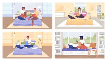Doing homework at home flat color vector illustration set. Completing school assignments with friend. Fully editable 2D simple cartoon characters pack with bedroom, living room interiors on background