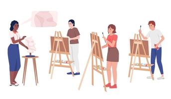 Art teacher giving talk about painting for students semi flat color vector characters. Editable full body people on white. Simple cartoon style illustration for web graphic design and animation