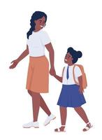 Mom with female first grader in school uniform semi flat color vector characters. Editable figures. Full body people on white. Simple cartoon style illustration for web graphic design and animation