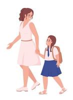 madre con hija en uniforme escolar personajes vectoriales de color semiplano. figuras editables. personas de cuerpo completo en blanco. ilustración de estilo de dibujos animados simple para diseño gráfico web y animación vector