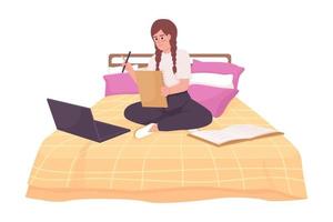 chica feliz haciendo la tarea de casa con el portátil en la cama carácter vectorial de color semiplano. figura editable. persona de cuerpo completo en blanco. ilustración de estilo de dibujos animados simple para diseño gráfico web y animación vector