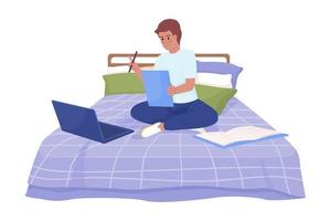 Happy boy doing assignment comfortably in bed semi flat color vector character. Editable figure. Full body person on white. Simple cartoon style illustration for web graphic design and animation