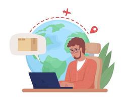 Checking international parcel delivery using laptop flat concept vector illustration. Editable 2D cartoon character on white for web design. Worldwide creative idea for website, mobile, presentation