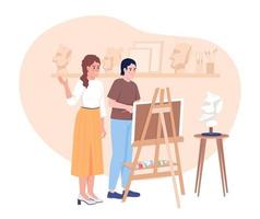 Art academy 2D vector isolated illustration. Female educator teaching male student portrait drawing flat characters on cartoon background. Colorful editable scene for mobile, website, presentation