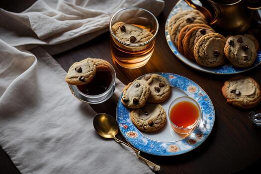 photography of a plate of cookies and a glass of tea on a table with a cloth and a napkin on it photo