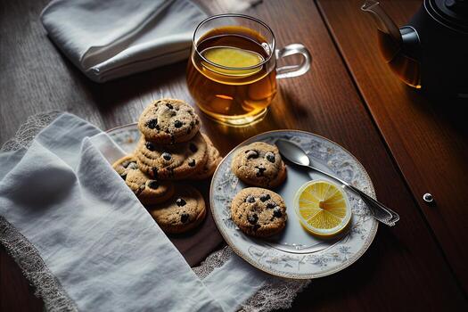 photography of a plate of cookies and a glass of tea on a table with a cloth and a napkin on it photo